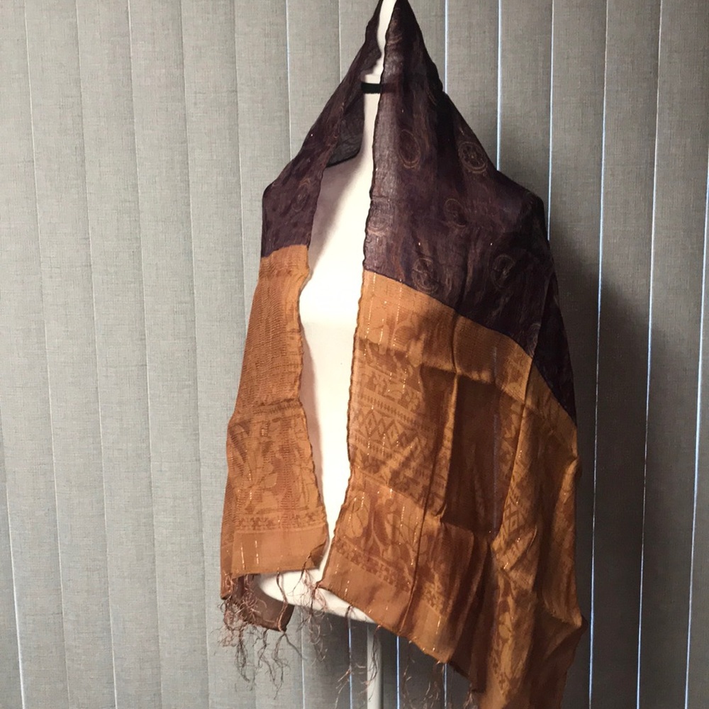 NWOT Silk Scarf/Wrap Brown Gold with Gold Threads